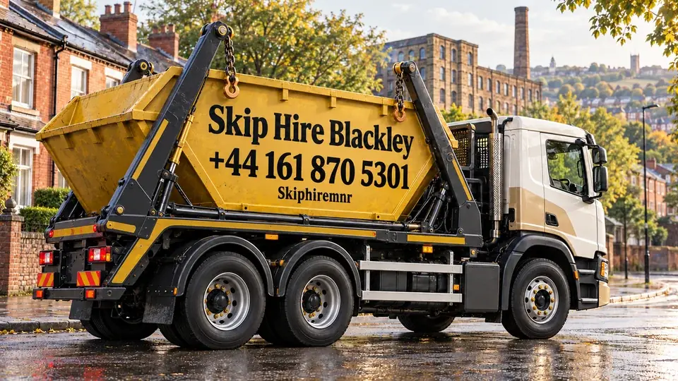 Illustrative Blackley Manchester street with a gold and white truck branded Skip Hire Blackley, +44 161 870 5301, without workers.