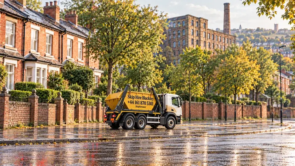 Illustrative Blackley Manchester street with a gold and white truck branded Skip Hire Blackley, +44 161 870 5301, without workers.