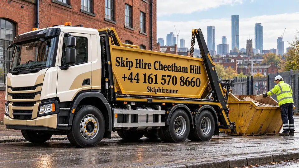 Illustrative Cheetham Hill warehouse street with a gold and white truck branded Skip Hire Cheetham Hill, +44 161 570 8660, and a worker loading a lowered skip.
