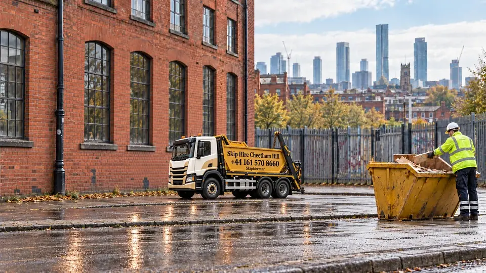 Illustrative Cheetham Hill warehouse street with a gold and white truck branded Skip Hire Cheetham Hill, +44 161 570 8660, and a worker loading a lowered skip.