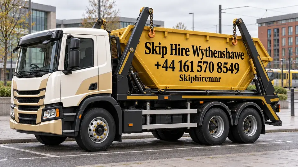 Illustrative Wythenshawe town-centre scene with a gold and white truck branded Skip Hire Wythenshawe, +44 161 570 8549, without workers.